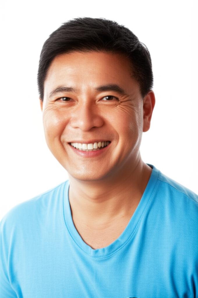Middle-aged Asian man smiling confidently, looking healthy and energetic