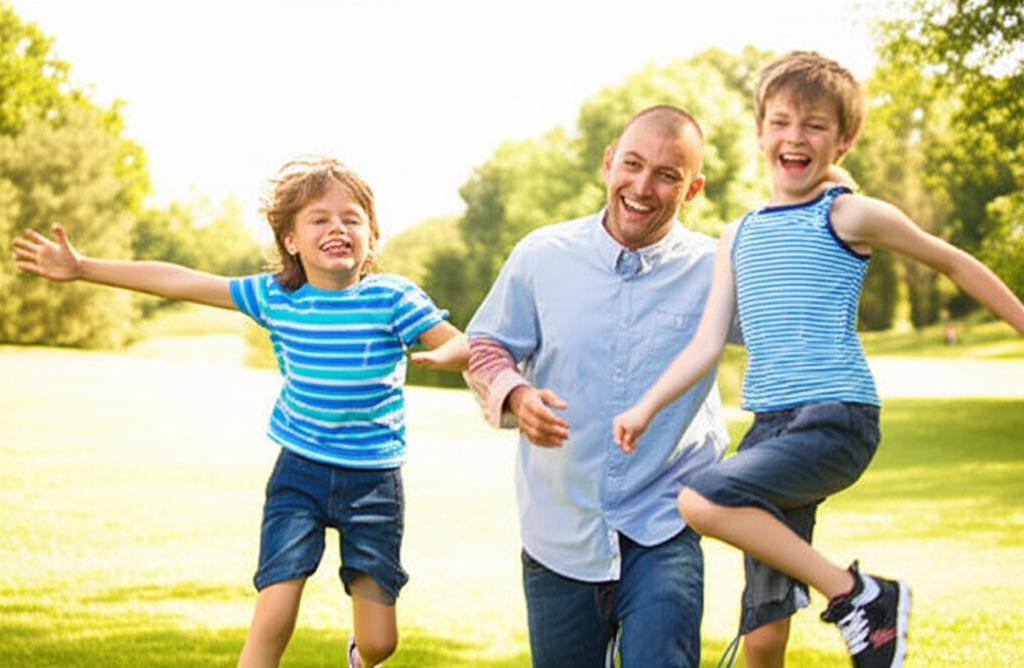 man smiling and playing with his children in a park