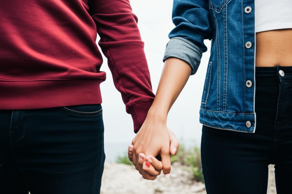 Happy couple holding hands, looking confident and intimate, perhaps after overcoming challenges