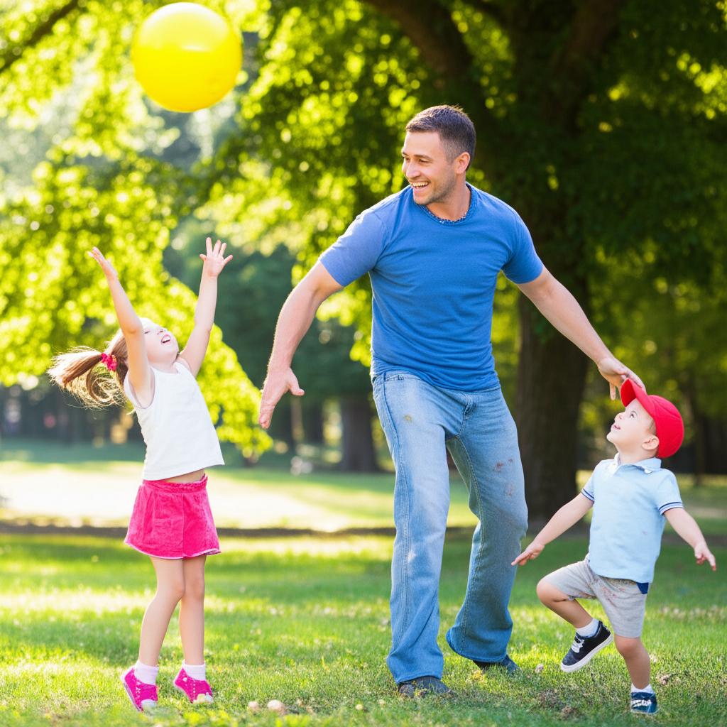 Man looking energetic and happy, playing with children in a park