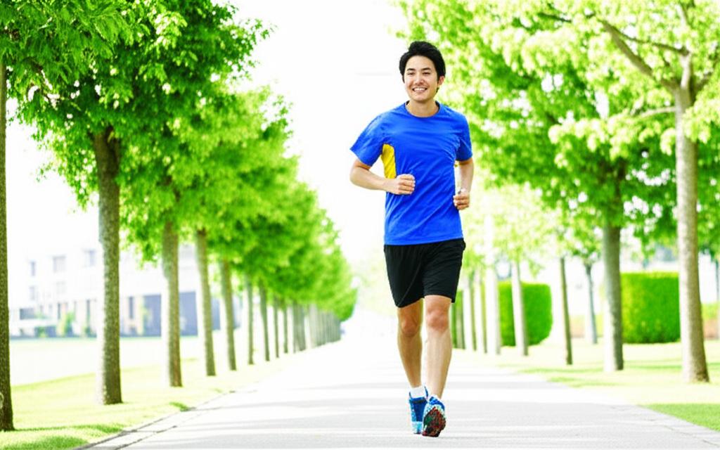 A man looking energetic and happy, enjoying a morning walk