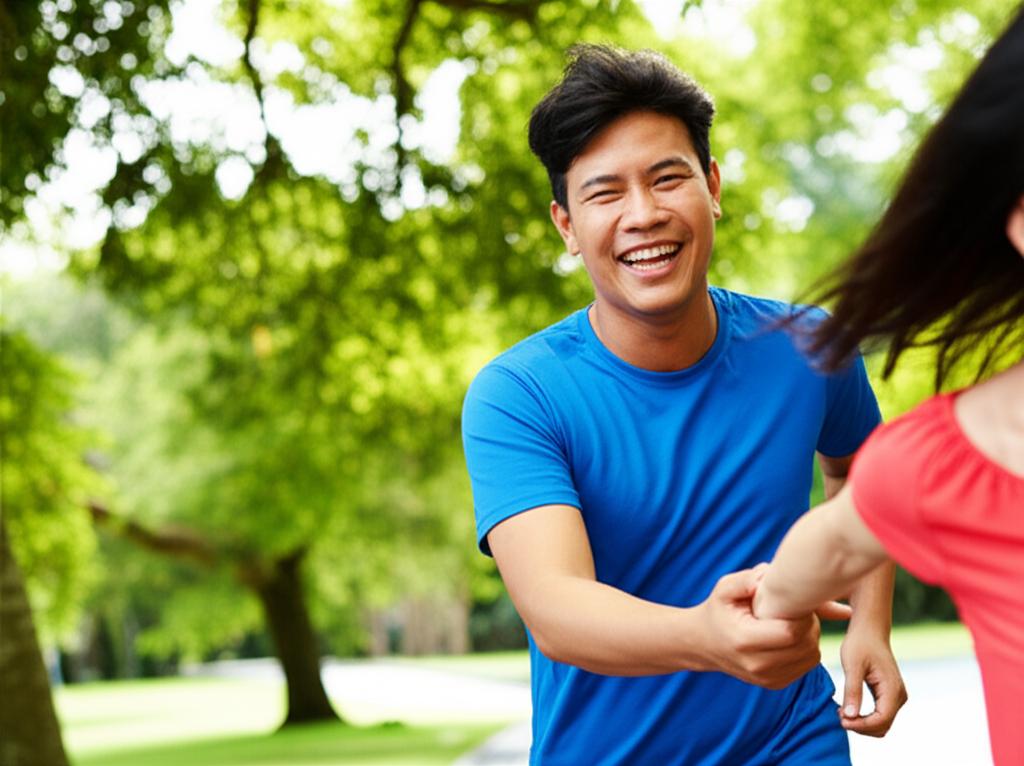 A Malaysian man looking energetic and happy, perhaps jogging or spending quality time with partner