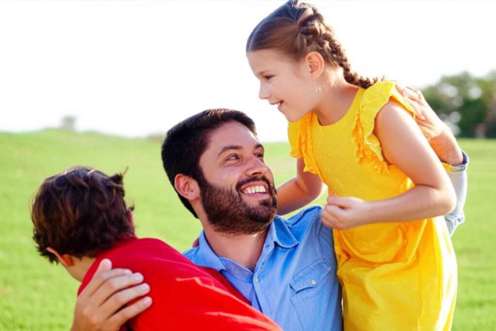 man looking energetic and happy, playing with children outdoors, smiling