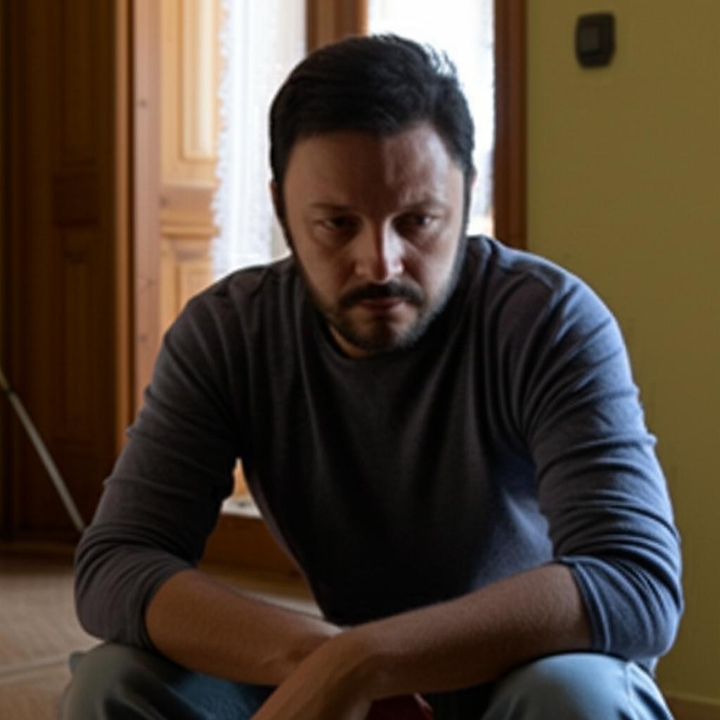 A man sitting alone, looking tired and reflective, with a subtle hint of disappointment in a dimly lit room.