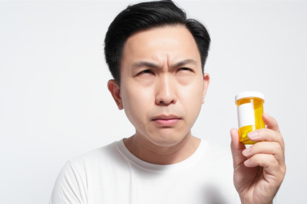 middle-aged asian man looking frustrated and holding a pill bottle