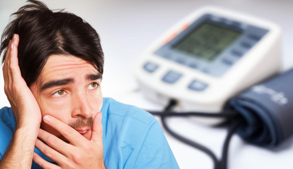 Man looking worried about health, thinking about intimacy issues, maybe with a blurred background of a blood pressure monitor