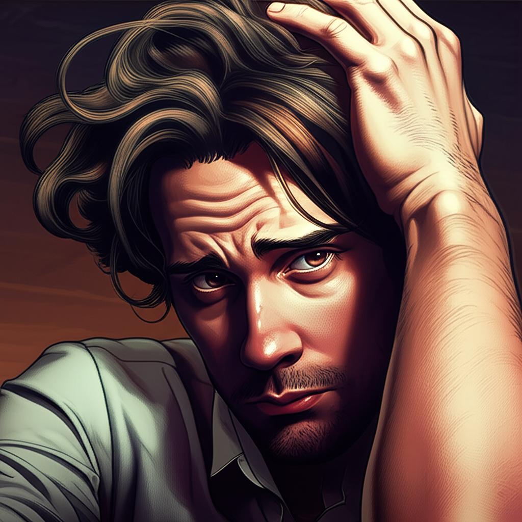 man feeling stressed and tired, thinking about performance issues, illustration in realistic style