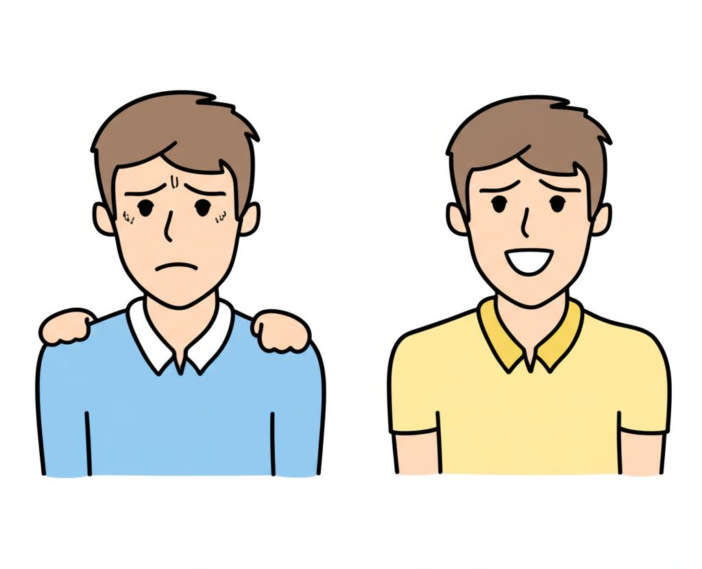 Illustration of a man looking stressed and tired, then later looking confident and energetic.