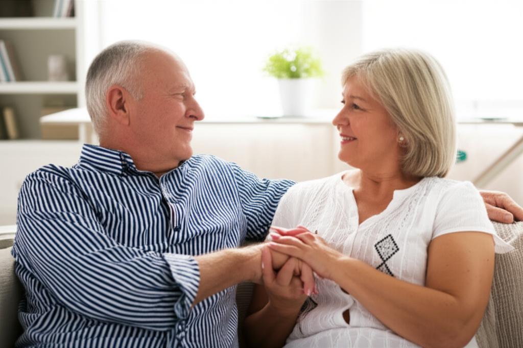Happy mature couple holding hands, looking relaxed and intimate, in a home setting